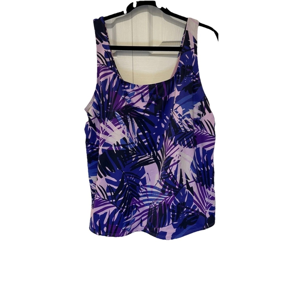 L.L. Bean Swim Tank Top Women 18W Purple Blue Palm Leaf Print UPF 50 Tankini